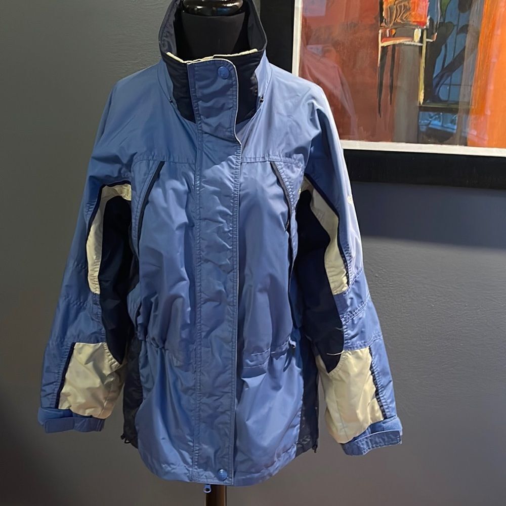 Columbia Fire Ridge blue/navy/light gray zipper/snap front snowboard jacket. Sm
